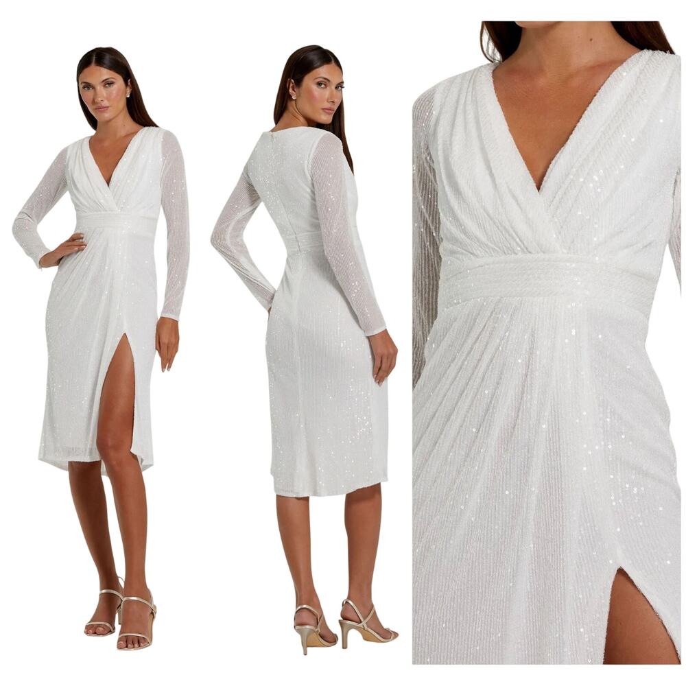 Mac Duggal NWT White Long Sleeve Sequined Midi Dress Size 6 Side Slit V-neck